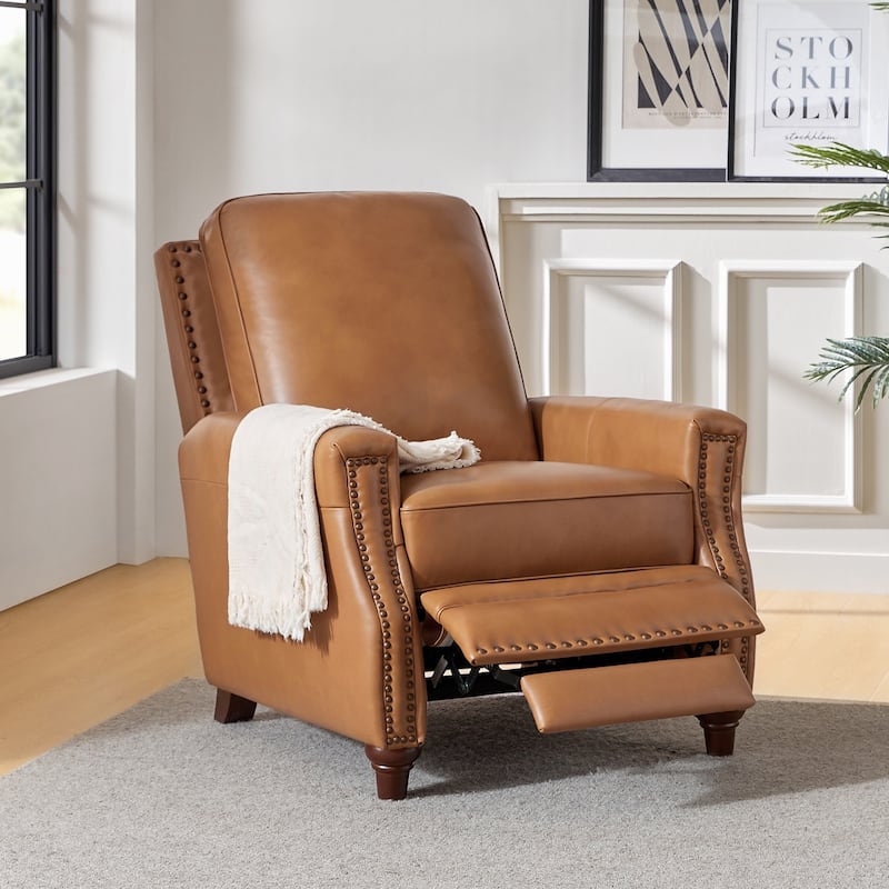 Cigar Mid-century Modern Genuine Leather Recliner with Nailhead Trim by HULALA HOME