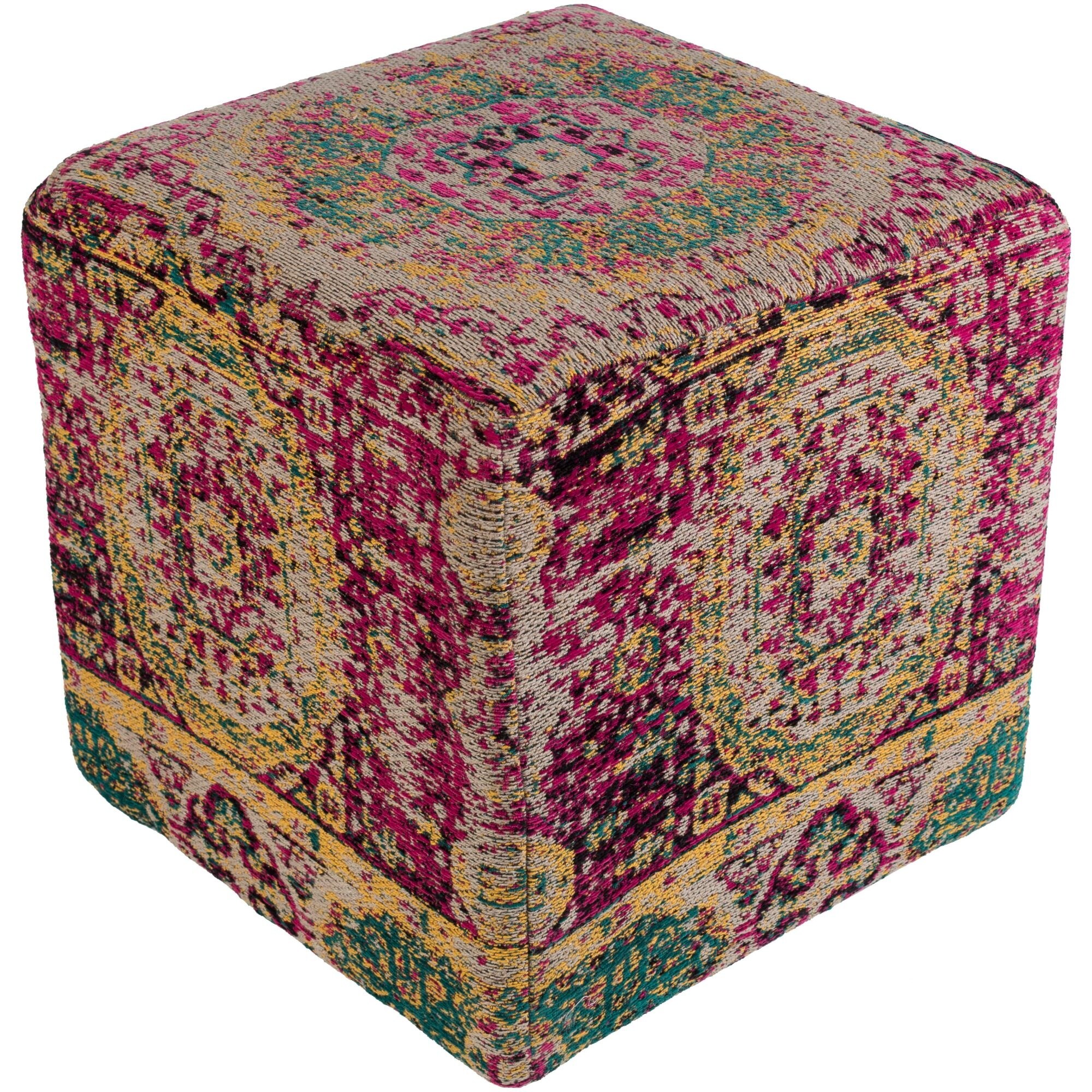 18" Pink and Green Distressed Finish Cubic Pouf Ottoman