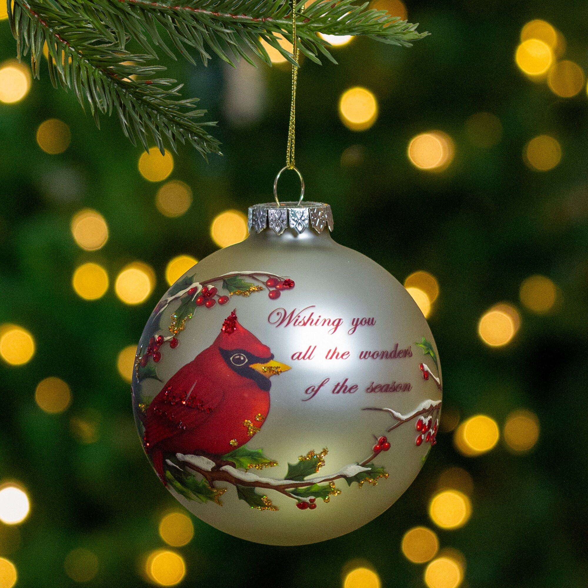 Shop Gold And Red Cardinal Perched On A Holly Berry Branch Glass Ball Christmas Ornament 4 100mm Overstock 16545663