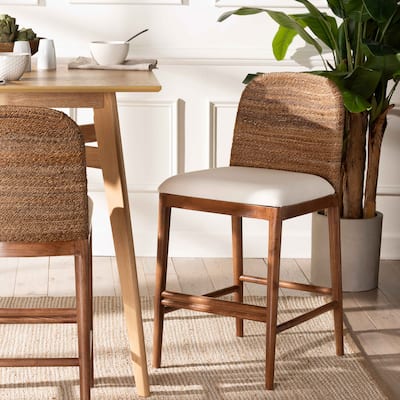Nadim Modern Bohemian Seagrass and Acacia Wood Counter Stool