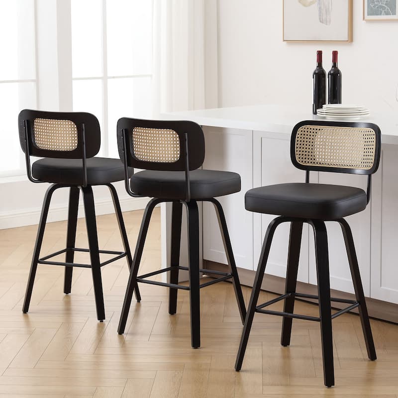 26"/29" Swivel Counter/Bar Stools with Black Bentwood Legs - Set of 3 - Black-Rattan Back - Bar Height