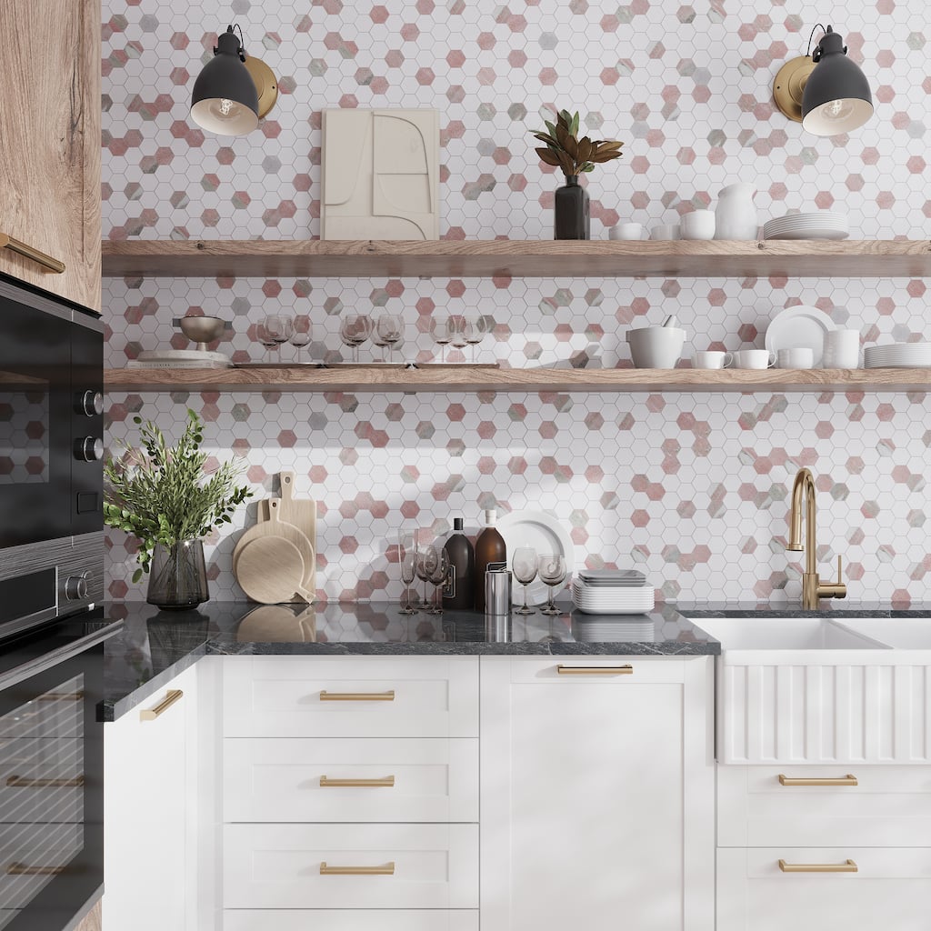 Rosendal 12x12 in. Polished Thassos, Norway Rose Hexagon Mosaic Wall and Floor Tile (4.83 sq ft/case, 5-Pack)