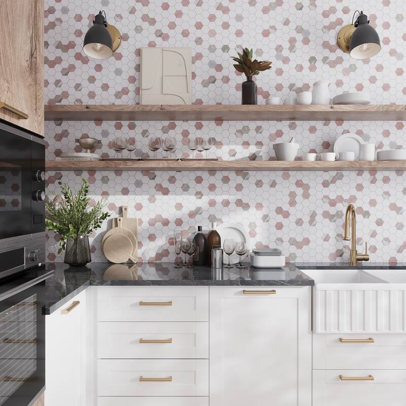 Rosendal 12x12 in. Polished Thassos, Norway Rose Hexagon Mosaic Wall and Floor Tile (4.83 sq ft/case, 5-Pack) - Pink, White