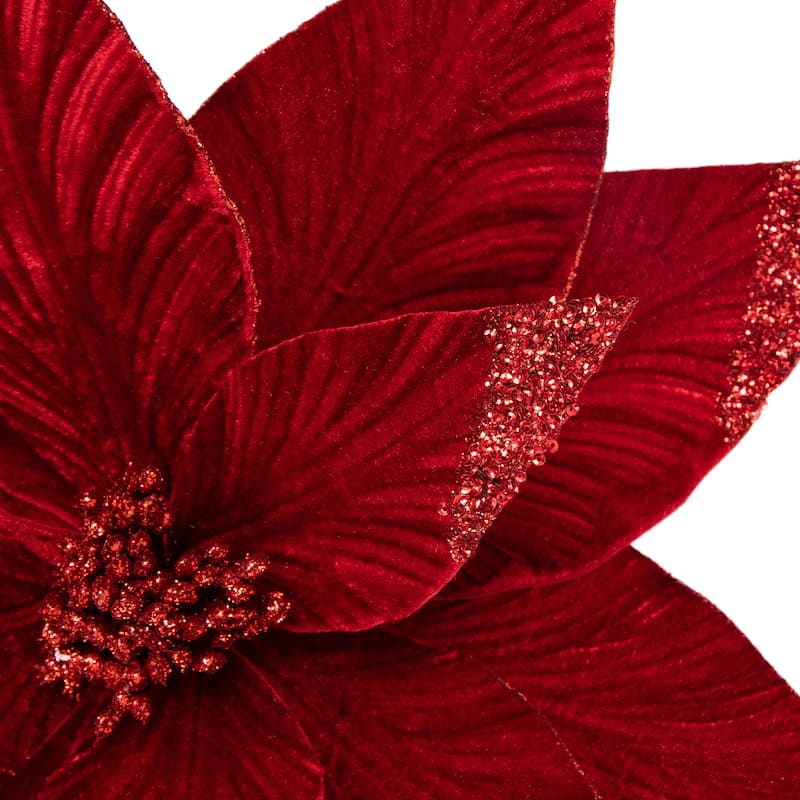 24" Red Velvet Glittered Poinsettia Christmas Floral Pick - 24