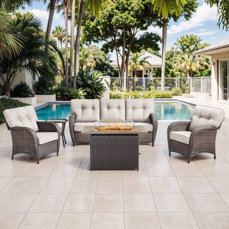 Gymojoy 5-Piece Outdoor Wicker Patio Furniture Sofa Set with 55,000 BTU Fire Pit Table, Thick Cushions - Brown Wicker / Beige Cusion - 5-Piece