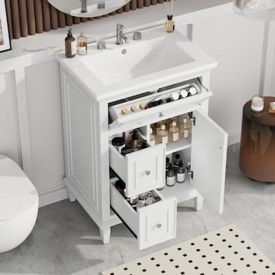 24" Bathroom Storage Vanity Cabinet with Ceramic Sink and Flip Drawer