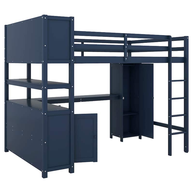 Full Size Pine Wood Loft Bed with Cabinet, Bookshelf, Wardrobe, and Desk