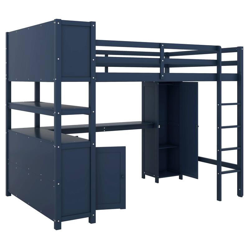 Wood Loft Bed with Cabinet and Bookshelf, Full Size Loft with Wardrobe and Desk for Kids
