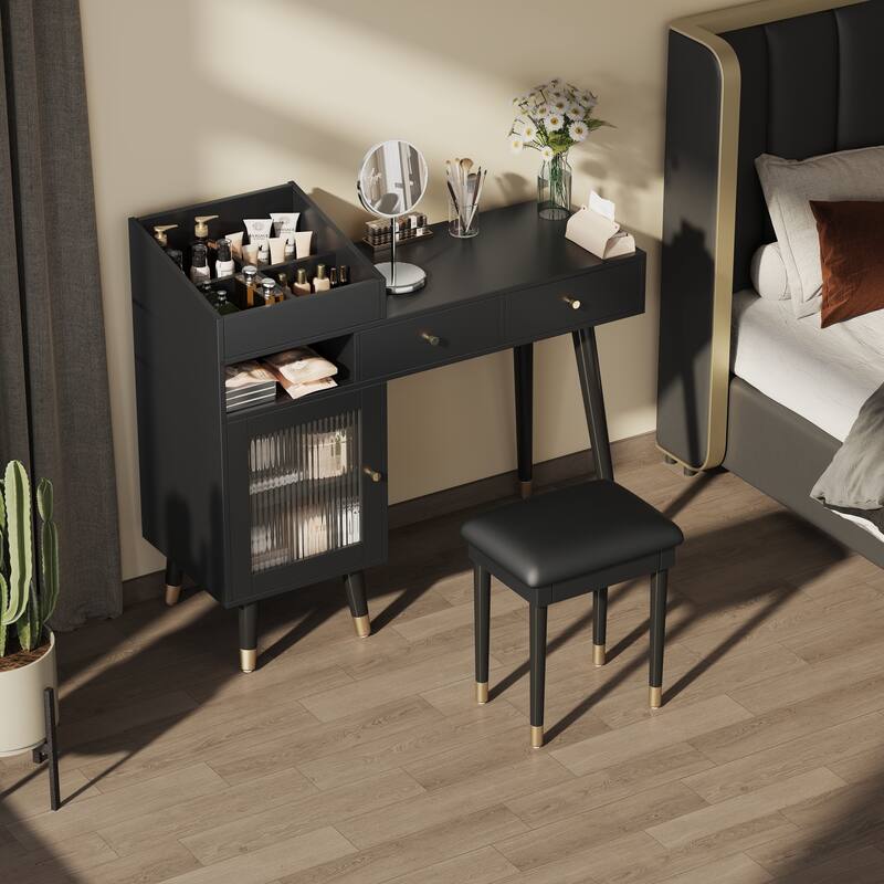 Modern Makeup Vanity Set with Charging Station - Space-Saving Dressing Table with Stool, Storage Drawers & Cabinet - Black