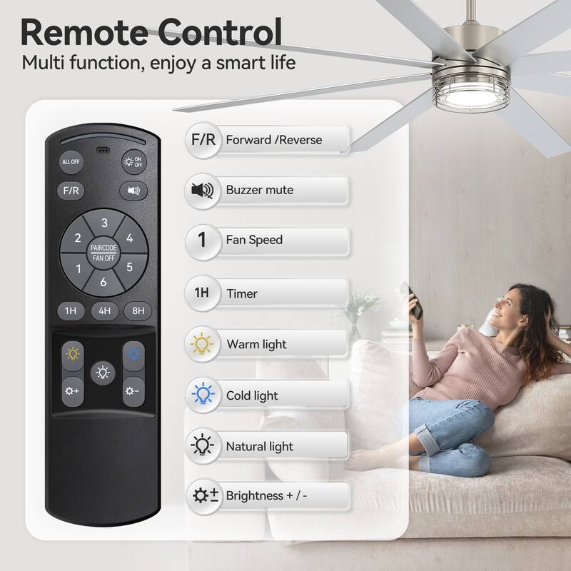 72/52-inch Reversible 8/5-Blade Dimmable LED Ceiling fan with Light and Remote