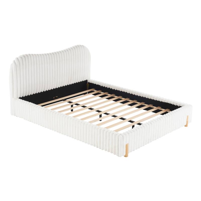 Boucle Upholstered Bed, Platform Bed Frame with Wavy Headboard, Low-Profile Grounded Bed with Vertical Stitching