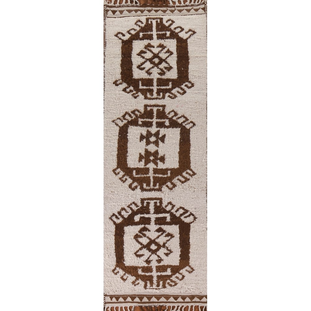 Natural Dye Anatolian Runner Rug Handmade Beige Turkish Wool Carpet - 3'2"x 11'4"