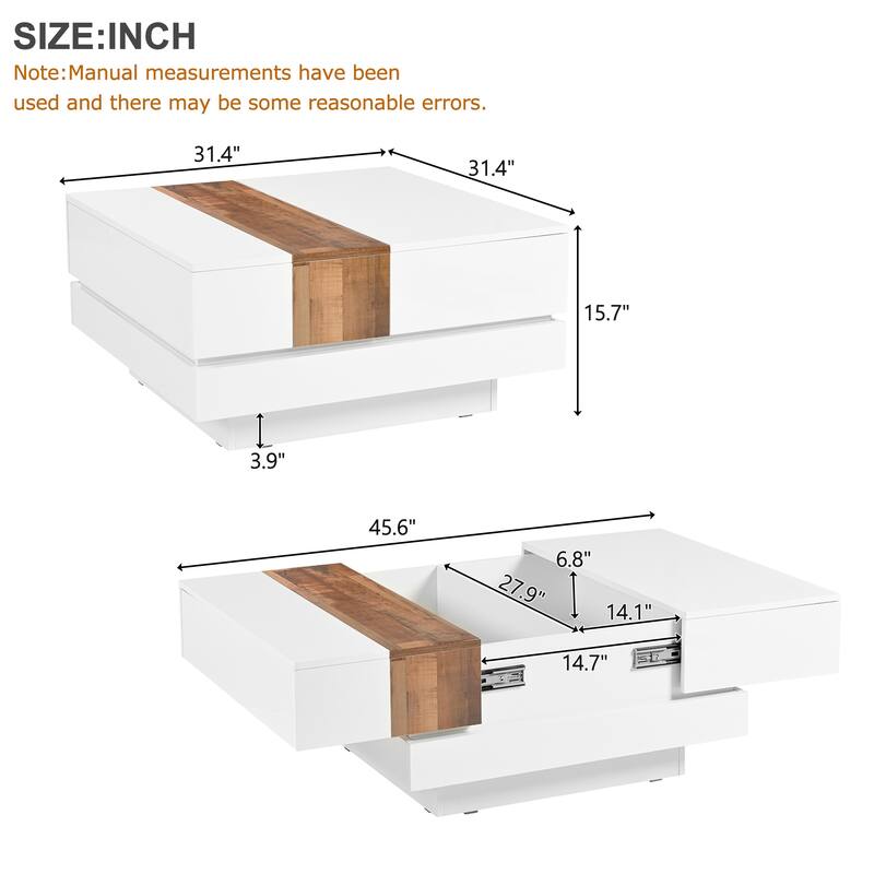 31.4" Square Coffee Table with Sliding Tabletop, Extendable High Gloss Center Table with Hidden Storage
