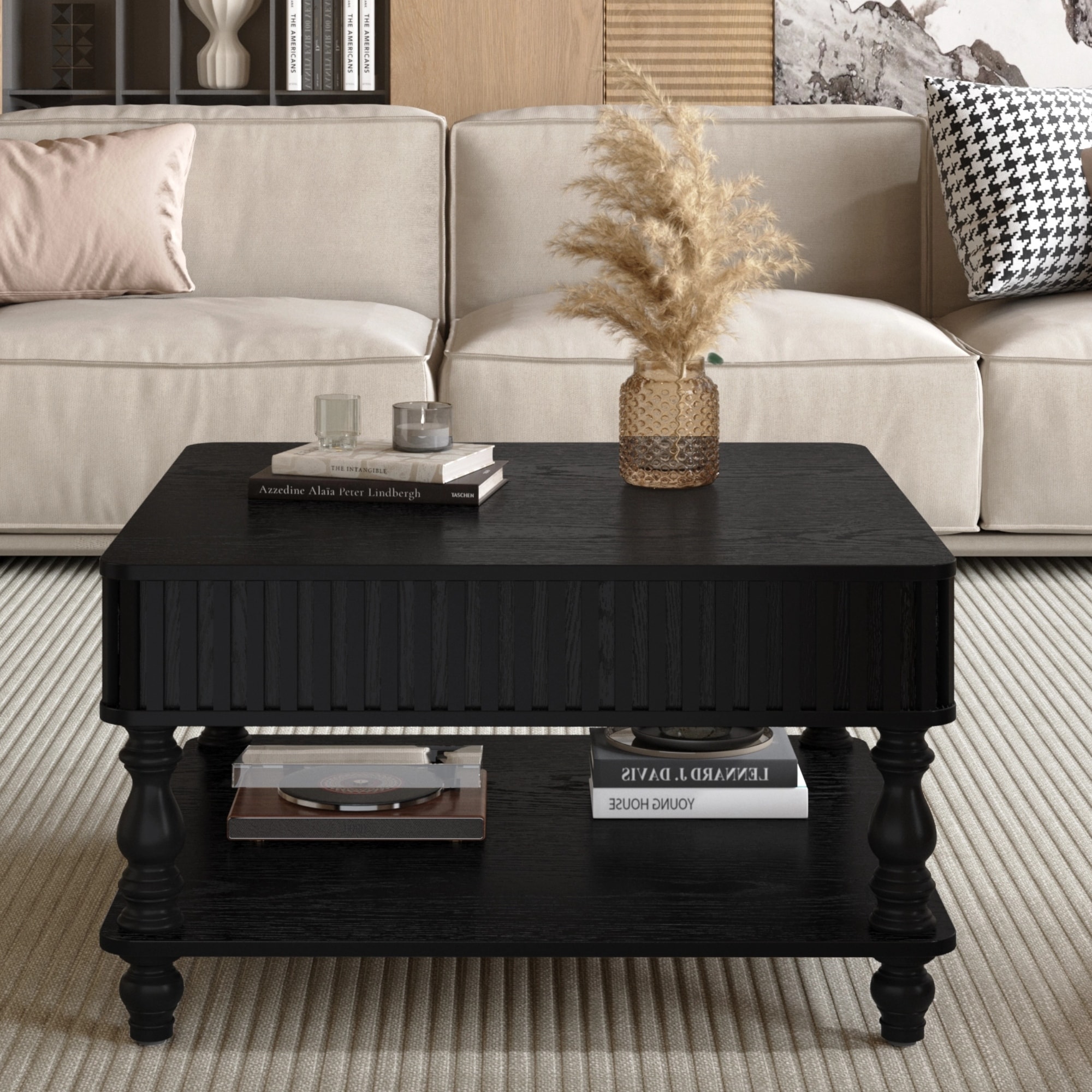 Square Fluted Lift-Top Coffee Table with Hidden & Open Storage, Black End Table Sofa Side Table Center Table