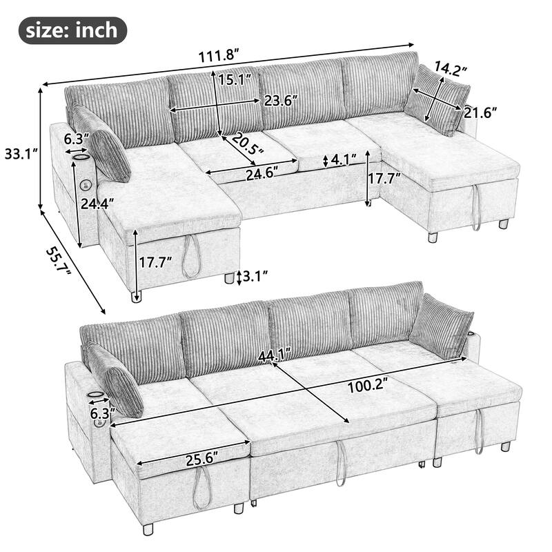 111.8" Chenille U-Shaped Sectional Sleeper Sofa with USB & Storage