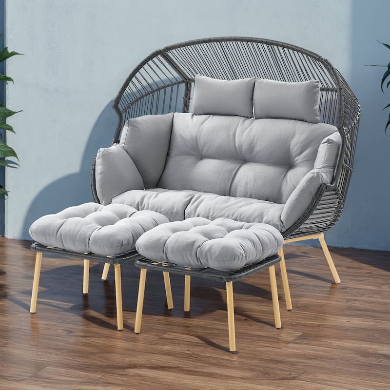 Pocassy Outdoor Egg Chair Garden Funiture - Dark Grey & Light Grey Cushion - 3PC Double Egg Chair with Ottomans
