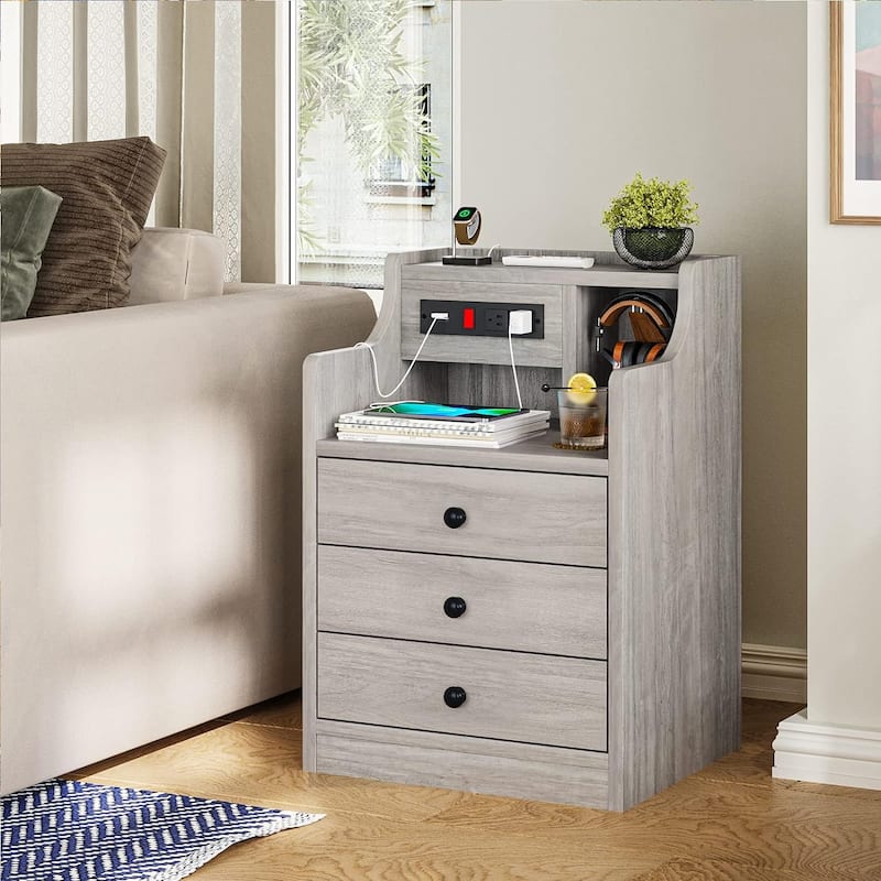Small Nightstand 3 Drawers Charging Station End Side Table