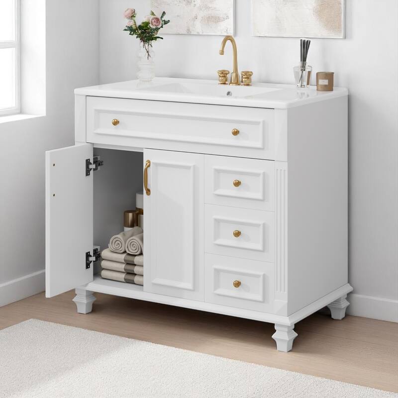 36" Bathroom Vanity with Sink, Freestanding White Cabinet with Gold Hardware, Ceramic Top, Flip Drawer, Soft-Close Doors