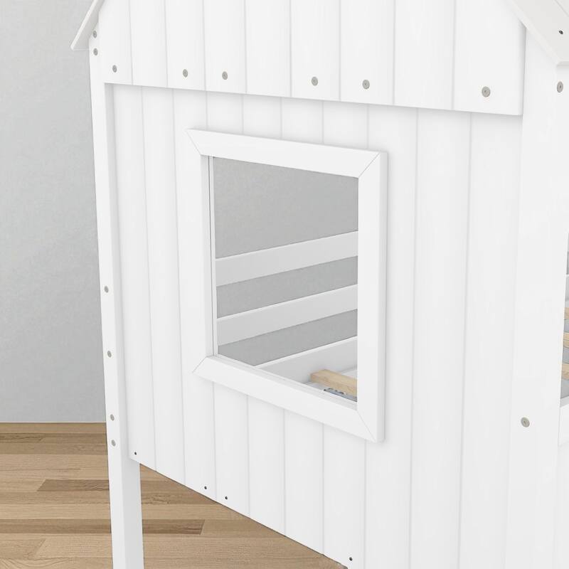 Twin Size House Bed with Roof and Side Windows, Low Loft Wooden Frame for Kids, No Box Spring Needed
