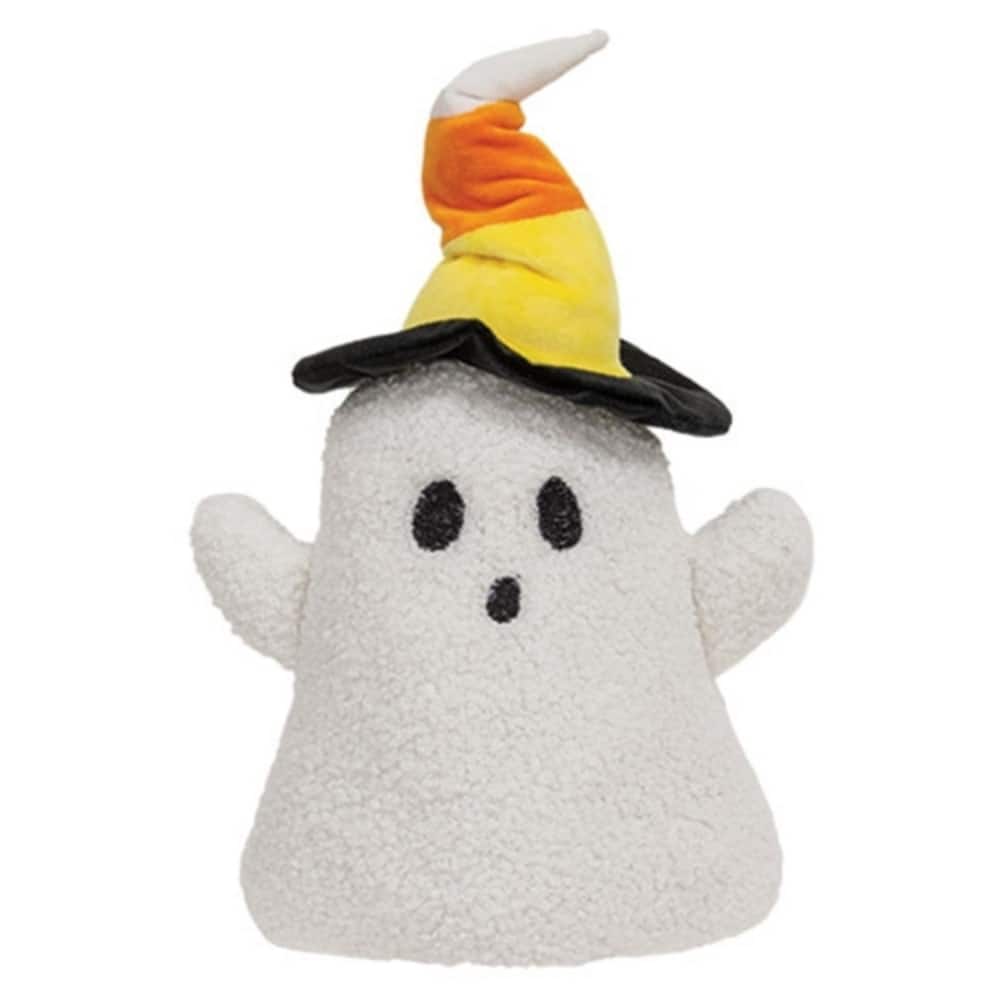 7 Inch White Plush Ghost with Candy Corn Witch Hat Halloween Stuffed Toy Decoration - 7" H x 7" W