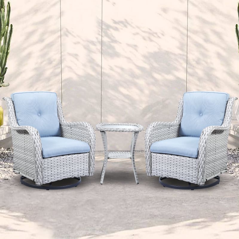 Outdoor Swivel Rocker Wicker Patio Chairs Set of 3 - Mix White - Baby Blue