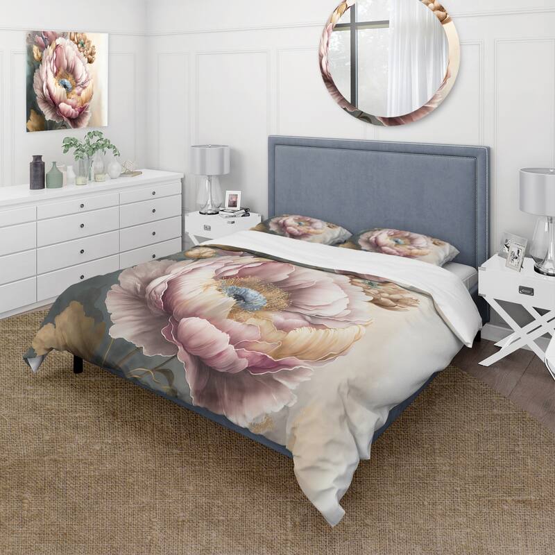 Designart "Pink And Gold Poppy Flowers I" Pink Traditional - Bed Cover Set With Shams