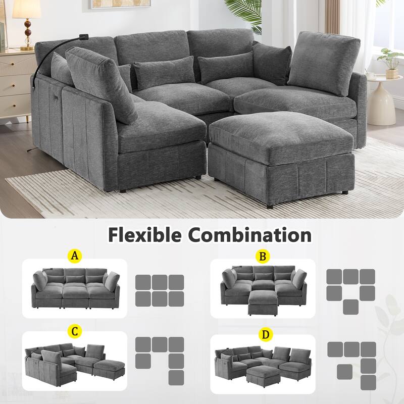 Modular Sectional Sofa with Movable Ottoman Convertible L-Shape or U-Shape Sofa Bed Built-in USB Charging Ports and Phone Holder