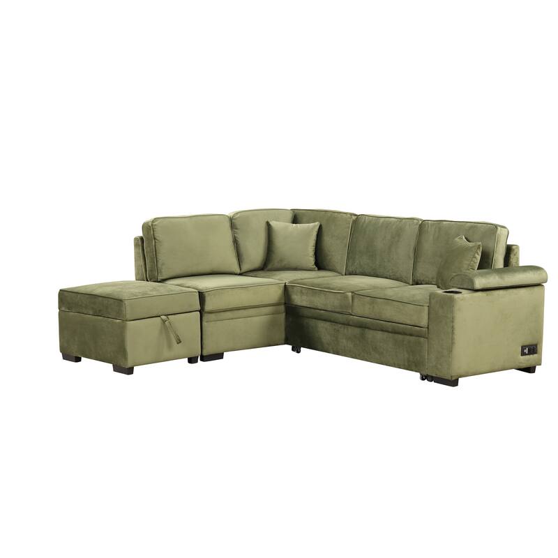 Sleeper Sofa Bed with Storage Ottoman, 2 in 1 Convertible Sectional Sofa Couch, Velvet 4-Seater Sofa with Cup Holder