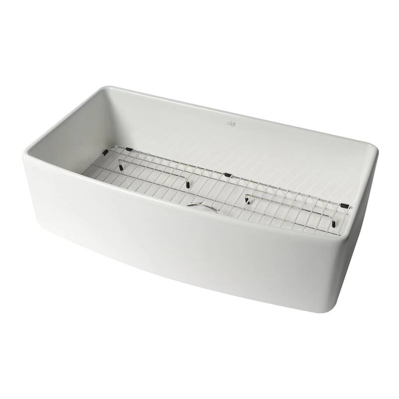 ALFI Brand White Smooth Curved Apron 36" x 20" Single Bowl Fireclay Farm Sink with Grid
