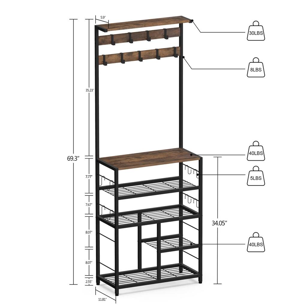 Vintage Large 5-Tier Hall Tree with Console Table Entryway Coat Rack Freestanding Shoes Rack Storage Shelf Organizer