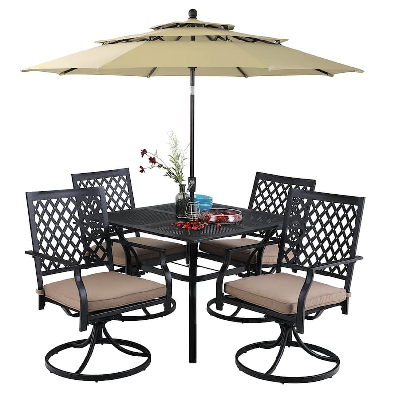 MAISON ARTS 6-Piece Metal Patio Dining Set: 4 Swivel Chairs, 1 Steel Frame Square 37" Table and 1x10ft 3-Tier Red Umbrella - MeshTable-Beige
