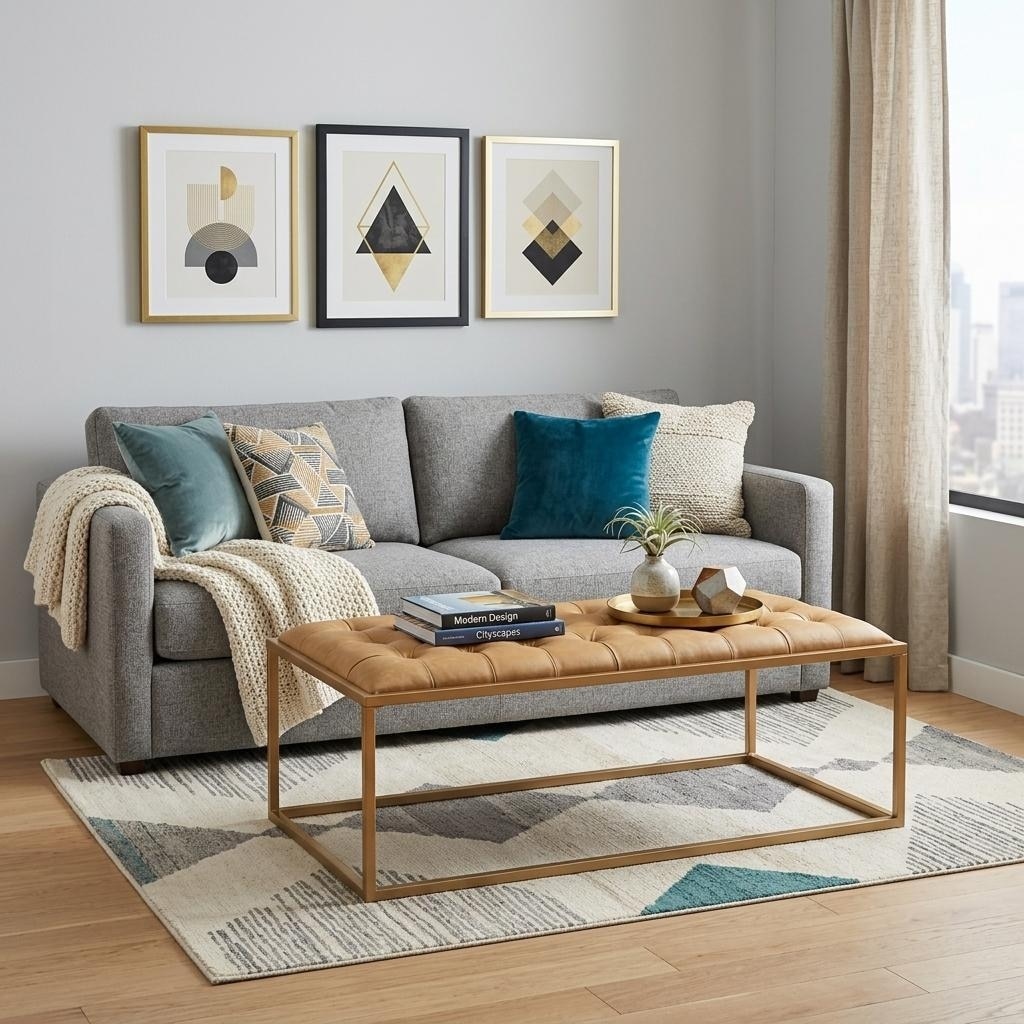 HomeRoots 48" Gold And Brown Leather Rectangular Coffee Table - 48.00 in. x 18.40 in. x 28.00 in.