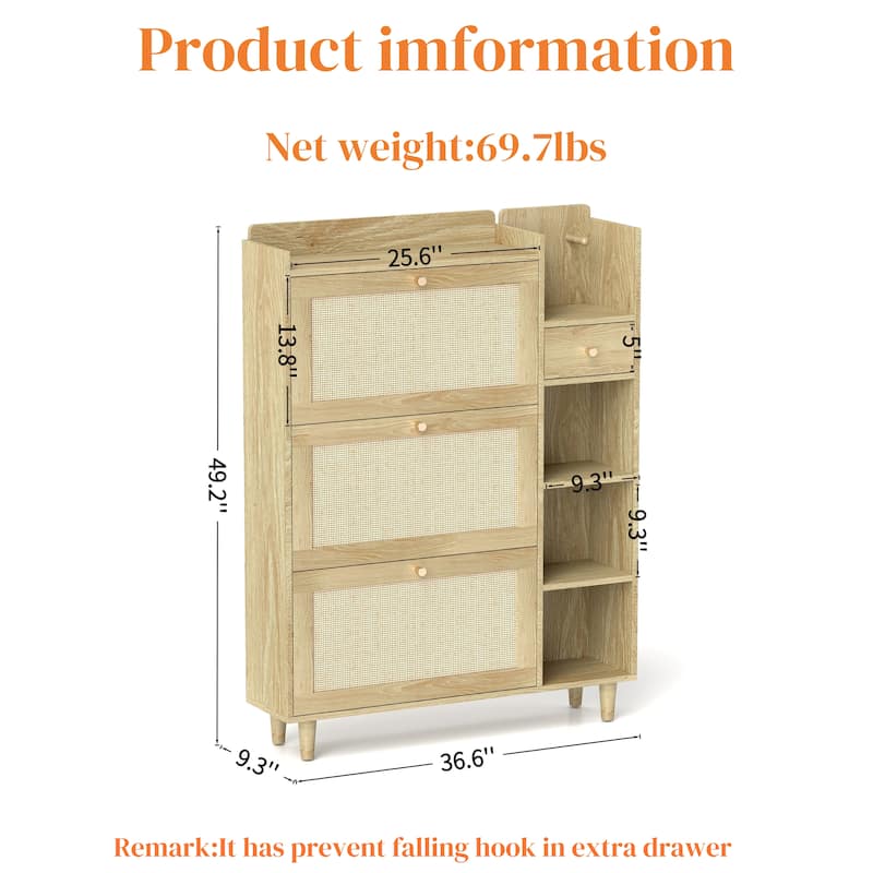 Freestanding Shoe Storage Cabinet, Narrow Hidden Shoe Rack with 3 Rattan Flip Drawers, 3 Square Shelves & 1 Storage Drawer