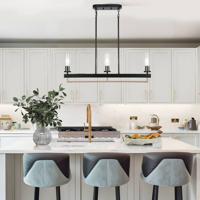 Modern Industrial 3/5-Light Chandelier Black Gold Kitchen Island Light Fixture with Clear Glass for Dining Room