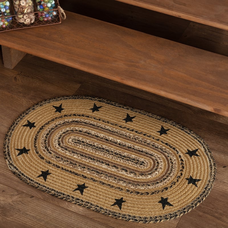 Kettle Grove Jute Rug Stencil Stars Border Oval w/ Pad 20x30 - 20" x 30" - 20" x 30" - Tan