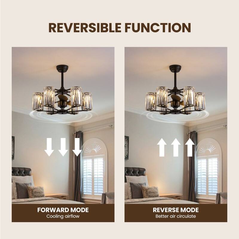27" Crystal Ceiling Fan with Light and Remote Control 6-Light Black Caged Fandelier Luxury Ceiling Fan for Living Room Kitchen