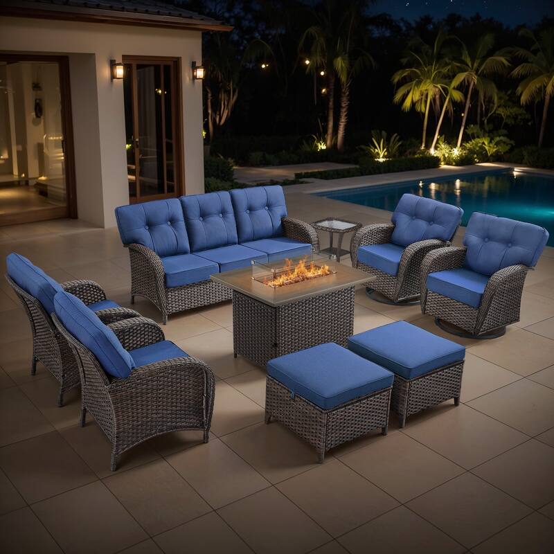Gymojoy 9-Piece Outdoor Wicker Patio Furniture Sofa Set with 55,000 BTU Fire Pit Table, Swivel Chairs, Ottomans & Side Tables