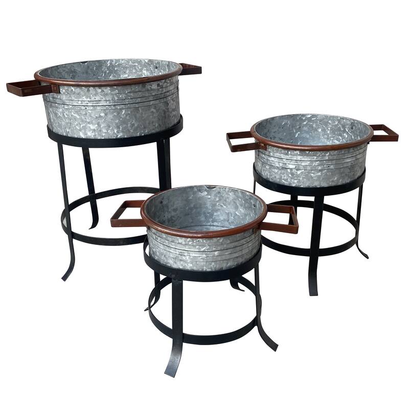 21, 18, and 16 Inch 3 Piece Round Tub Metal Planter Set with Stand in Galvanized Gray and Black Iron