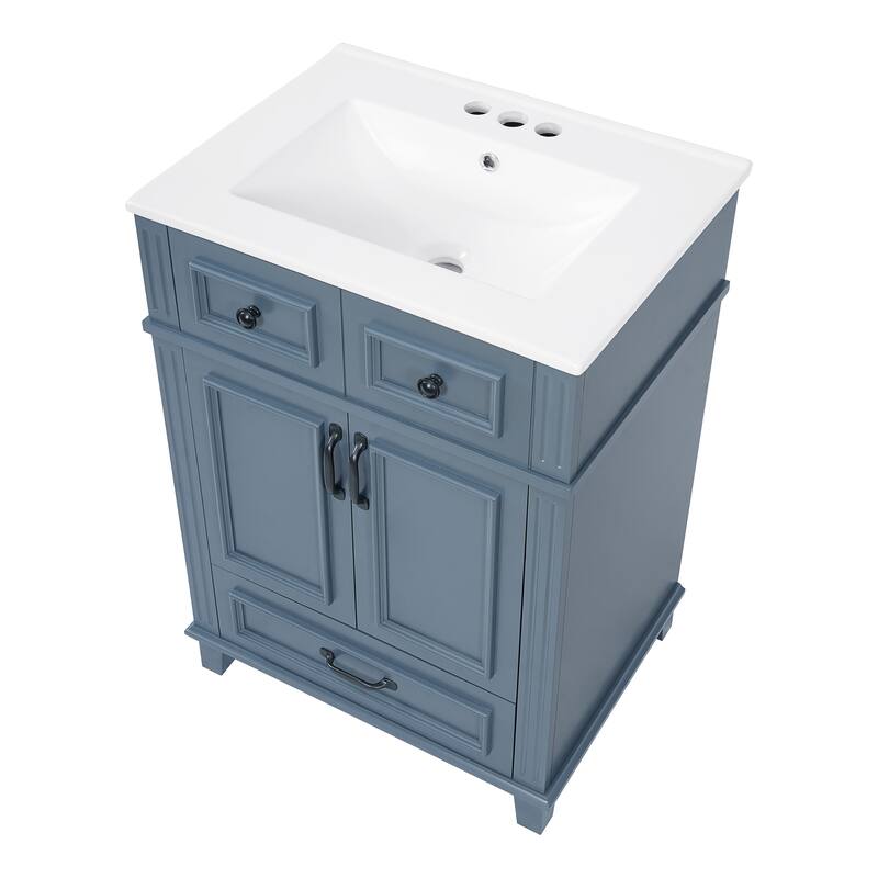 24" Bathroom Vanity with Ceramic Sink,Solid Wood Frame Bathroom Storage Cabinet with Soft Closing Doors,Retro Style