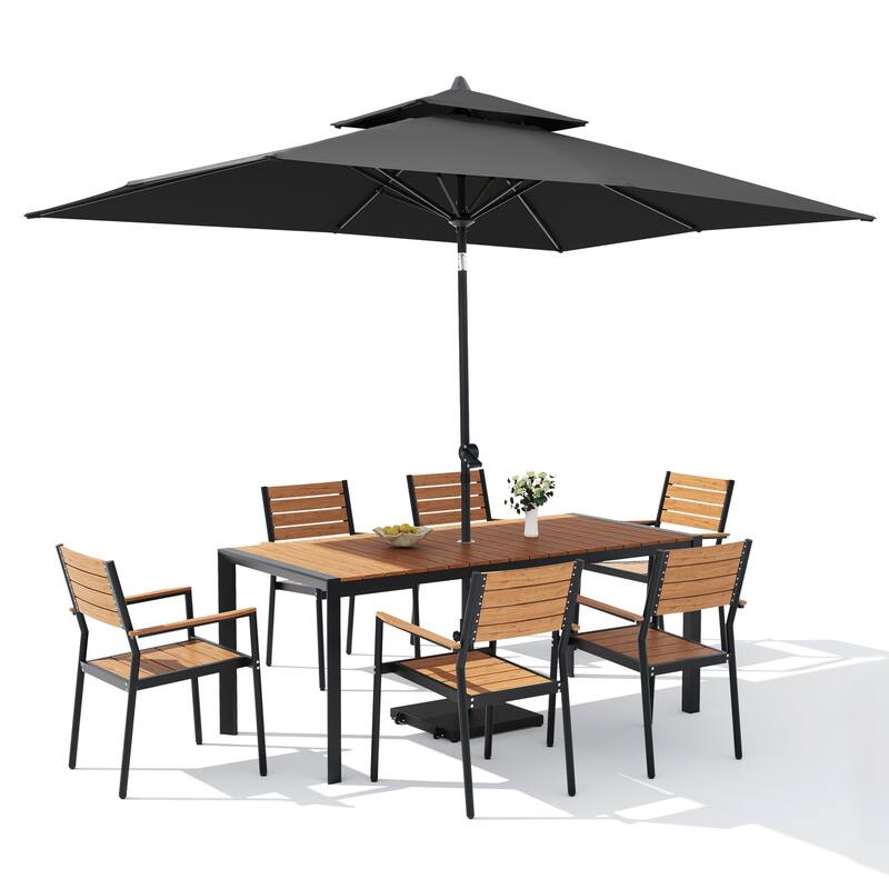 Set of 9 Outdoor Patio Dining Set WoodLike Aluminum Umbrella Hole Table with Stackable Armchairs, Double Top Market Umbrella Set