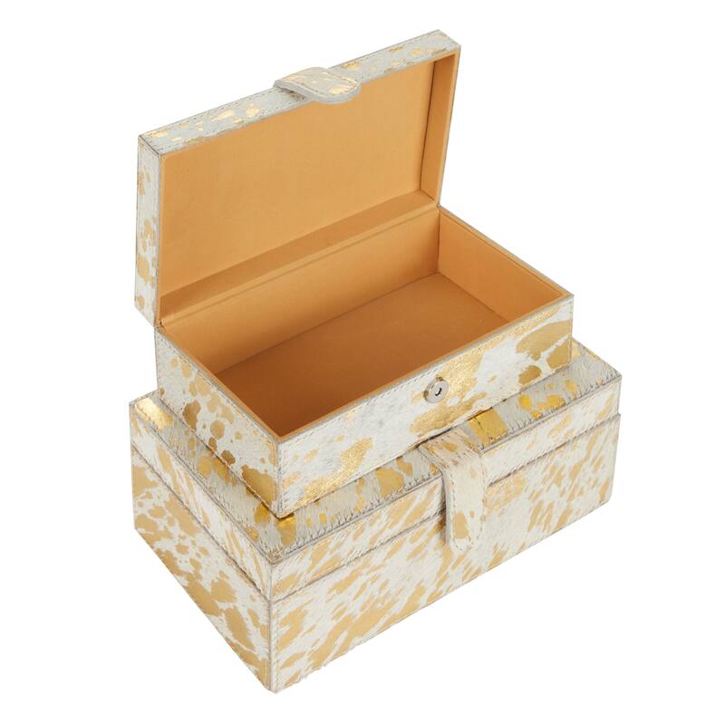 Gray, Silver or Gold Leather Handmade Cowhide Storage Box with Silver Foil Accents (Set of 2)