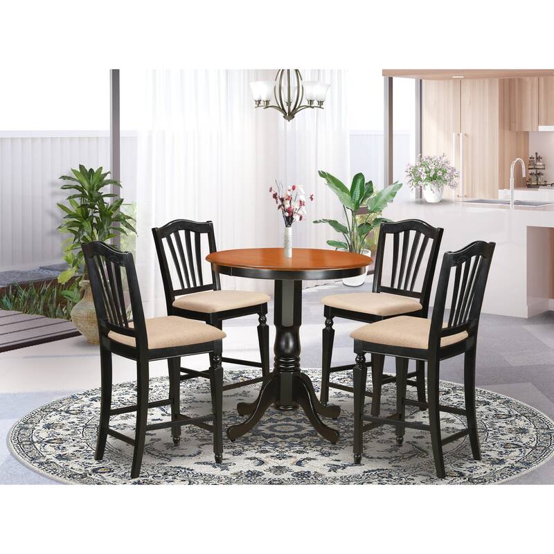 East West Furniture 5 Piece Kitchen Table Set- a Round Table with Pedestal and 4 Dining Chairs, Black & Cherry(Seat Option)
