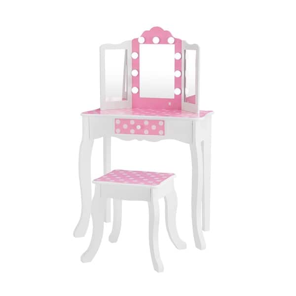 slide 2 of 9, Fantasy Fields Pink Kids Play Vanity Pretend Play Makeup Set with Table, Stool, and LED Lights Pink