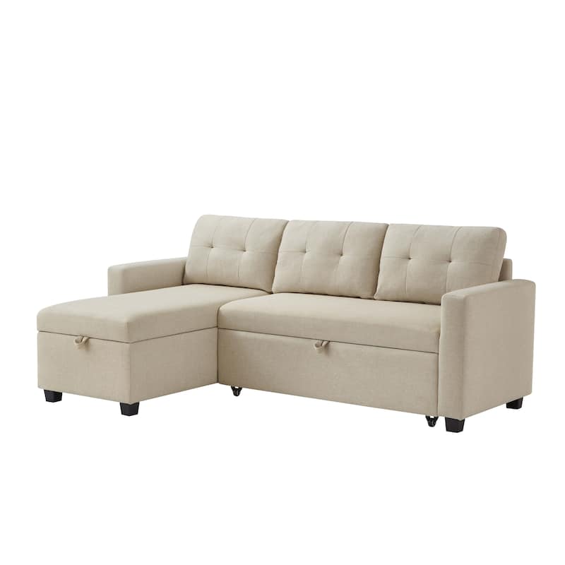 81.5" Linen Upholstered Sectional Sofa with Pull-Out Bed and Storage Chaise, Convertible 3-Seater
