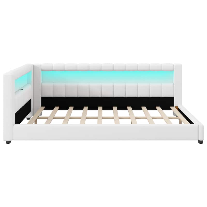 Upholstered Low-Profile Daybed Platform Bed Built-in USB Ports and LED Light Belt, Grounded Design with Padded Backrest
