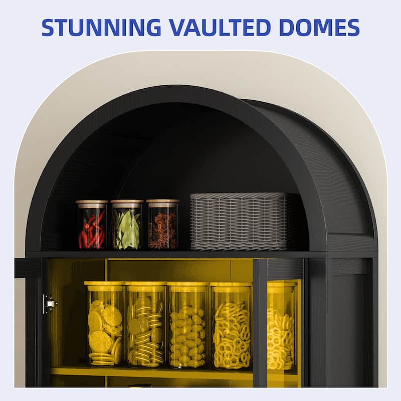 Moasis 71 Inch Tall Arched Display Cabinet with LED Lighting and Glass Doors for Living Room or Dining Room Storage