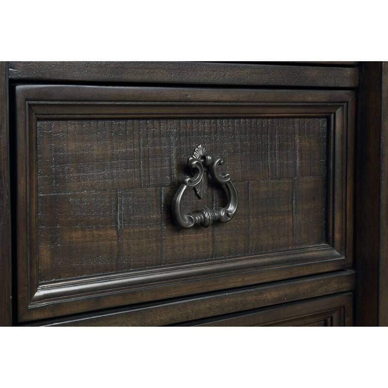 Roundhill Furniture Farson Distressed Dark Walnut Finish Wood Panel Bed, Dresser, Mirror, Two Nightstands