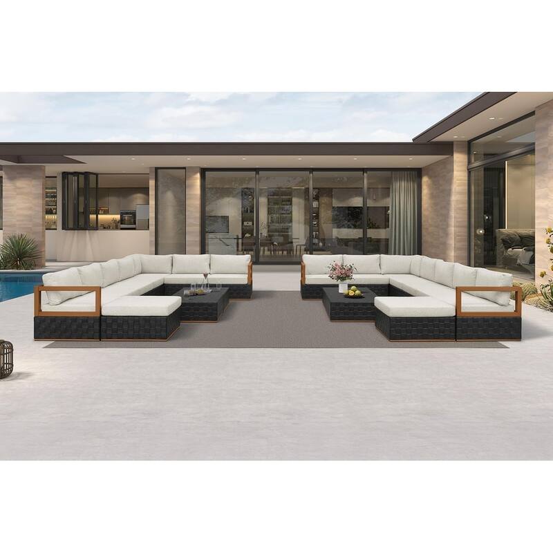 PURPLE LEAF GLFSF Outdoor sofas Black sofa with white seat for Yard Porch Deck Patio Conversation Sets - 14seats+2 Ottomans+4 Tables/U-shaped