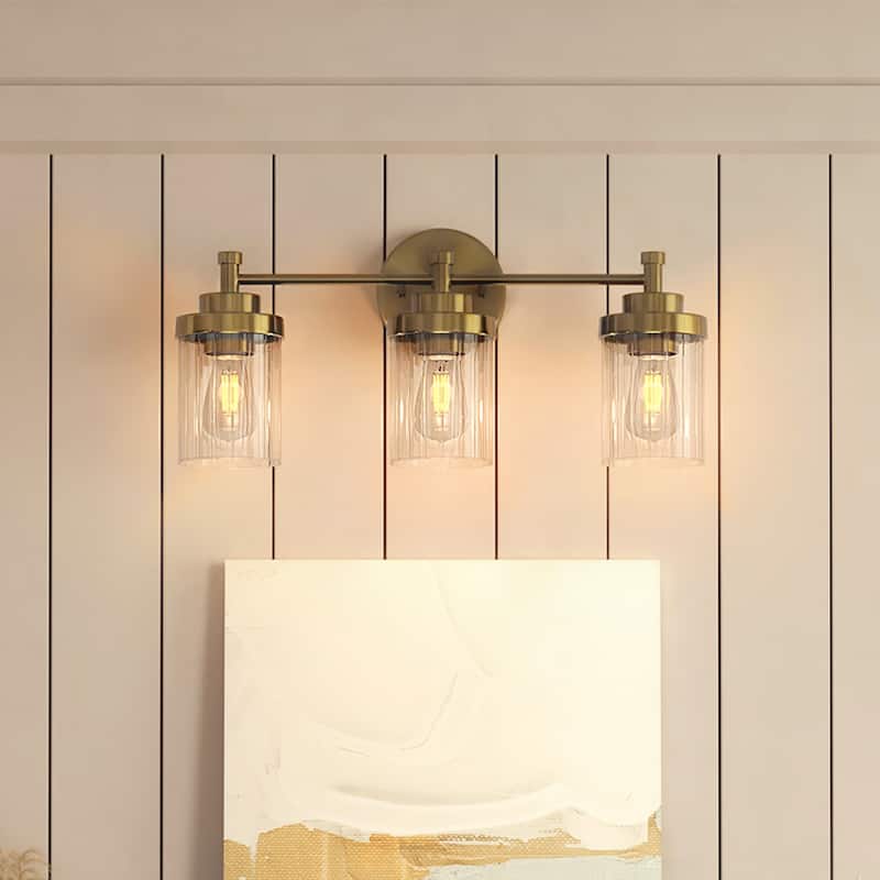 Modern Dimmable Vanity Light with Clear Ribbed Glass Shades E26 Sockets - 18 in - Gold