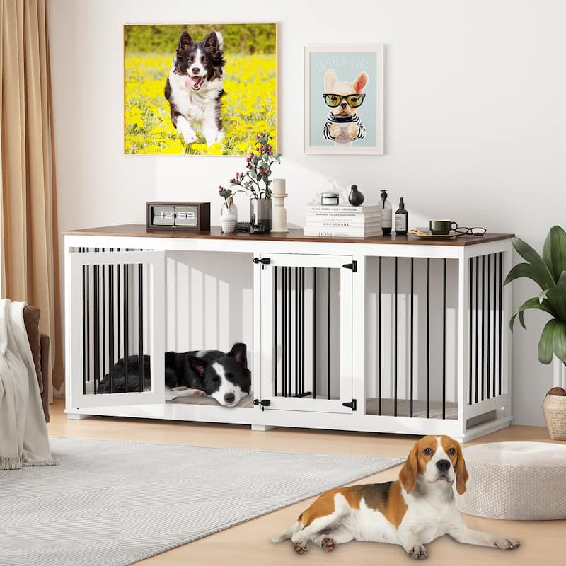 70.9" Large Double Wooden Dog Crate Furniture, Kennel with Dividers